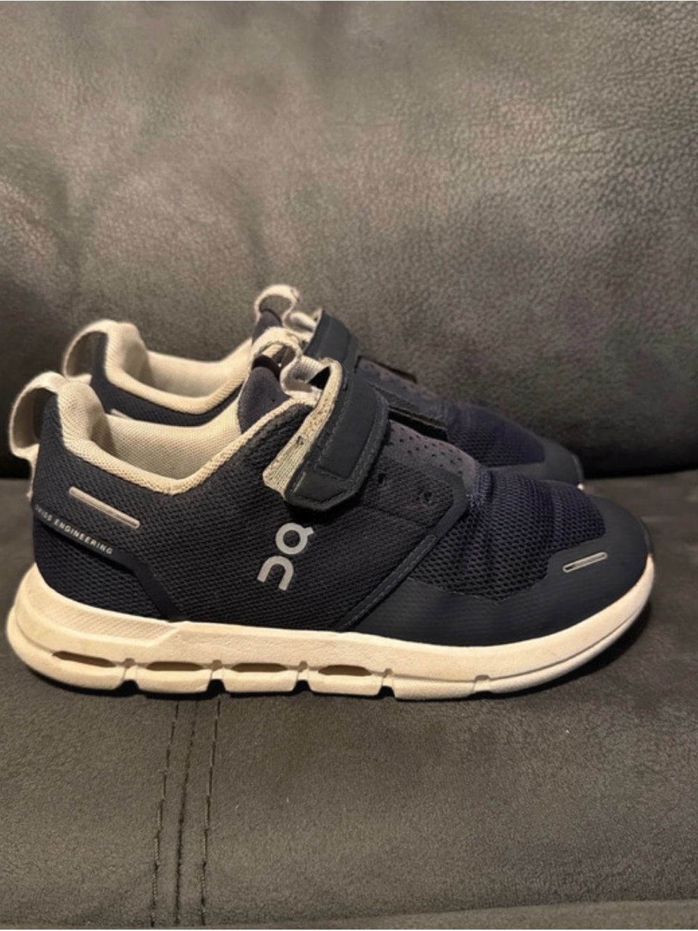 On Running Kids Navy and White Velcro Sneakers
